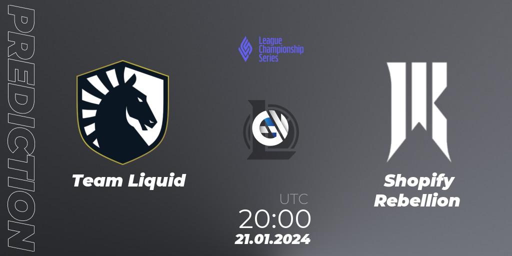 Pronósticos Team Liquid - Shopify Rebellion. 21.01.2024 at 20:00. LCS Spring 2024 - Group Stage - LoL