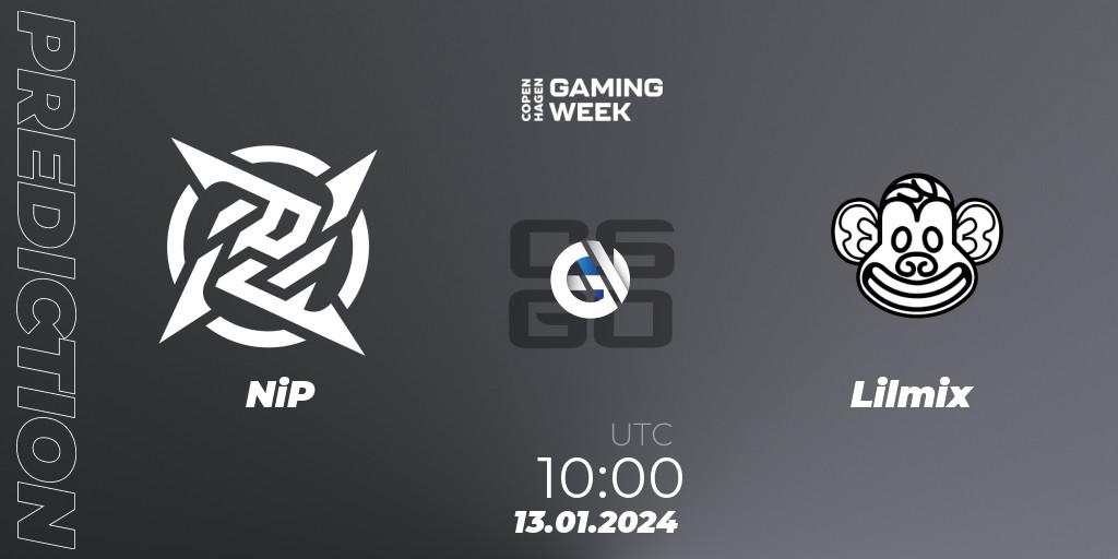 Pronósticos NiP - Lilmix. 13.01.2024 at 10:00. Copenhagen Gaming Week 2024 - Counter-Strike (CS2)