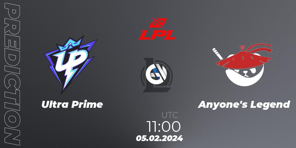 Pronósticos Ultra Prime - Anyone's Legend. 05.02.2024 at 12:00. LPL Spring 2024 - Group Stage - LoL