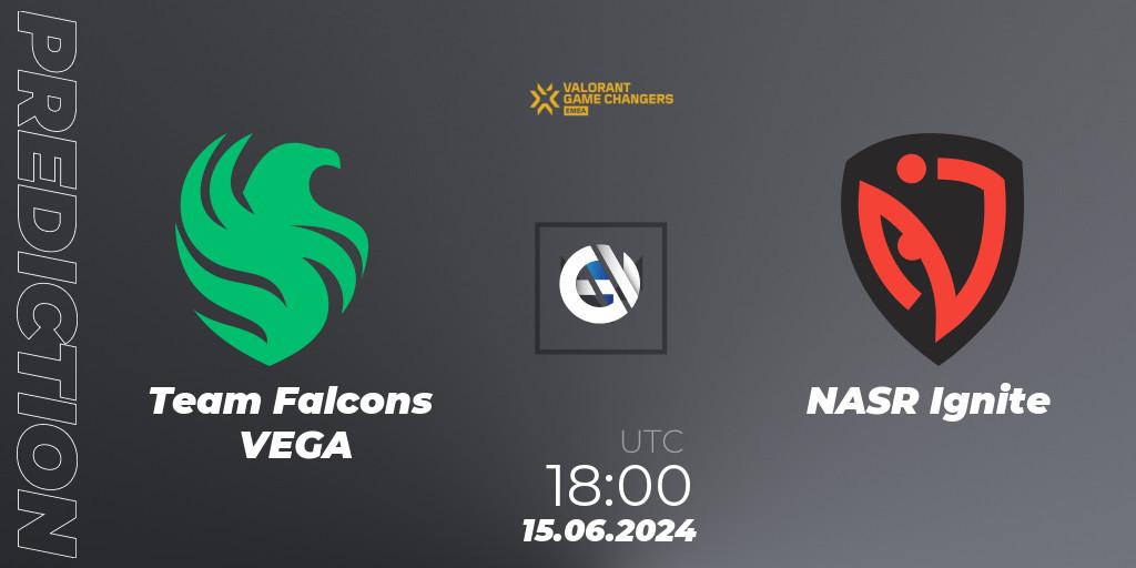 Pronósticos Team Falcons VEGA - NASR Ignite. 15.06.2024 at 18:00. VCT 2024: Game Changers EMEA Stage 2 - VALORANT