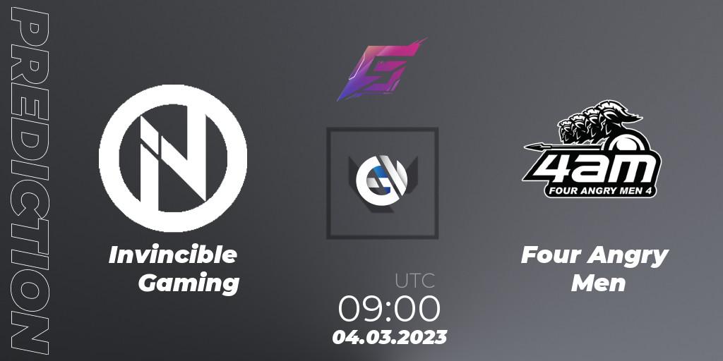 Pronósticos Invincible Gaming - Four Angry Men. 04.03.2023 at 09:00. FGC Valorant Invitational 2023: Act 1 - Open Qualifier - VALORANT