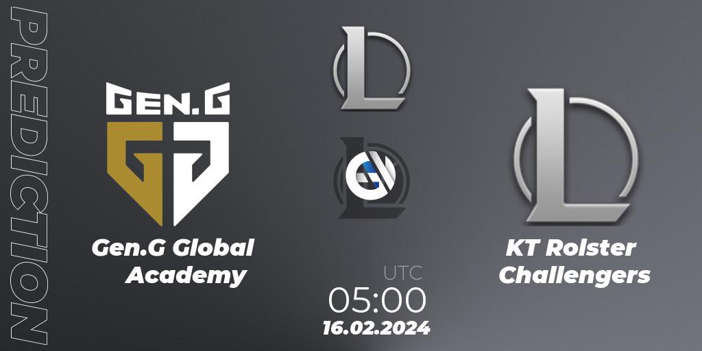Pronósticos Gen.G Global Academy - KT Rolster Challengers. 16.02.2024 at 05:00. LCK Challengers League 2024 Spring - Group Stage - LoL