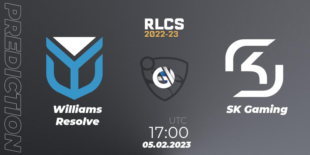Pronósticos Williams Resolve - SK Gaming. 05.02.2023 at 17:00. RLCS 2022-23 - Winter: Europe Regional 2 - Winter Cup: Closed Qualifier - Rocket League