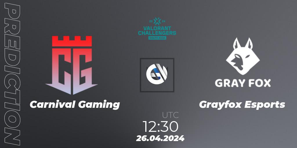 Pronósticos Carnival Gaming - Grayfox Esports. 26.04.2024 at 12:30. VALORANT Challengers 2024 South Asia: Split 1 - Cup 2 - VALORANT