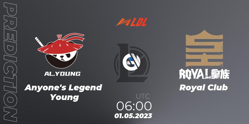 Pronósticos Anyone's Legend Young - Royal Club. 01.05.2023 at 06:00. LDL 2023 - Regular Season - Stage 2 - LoL