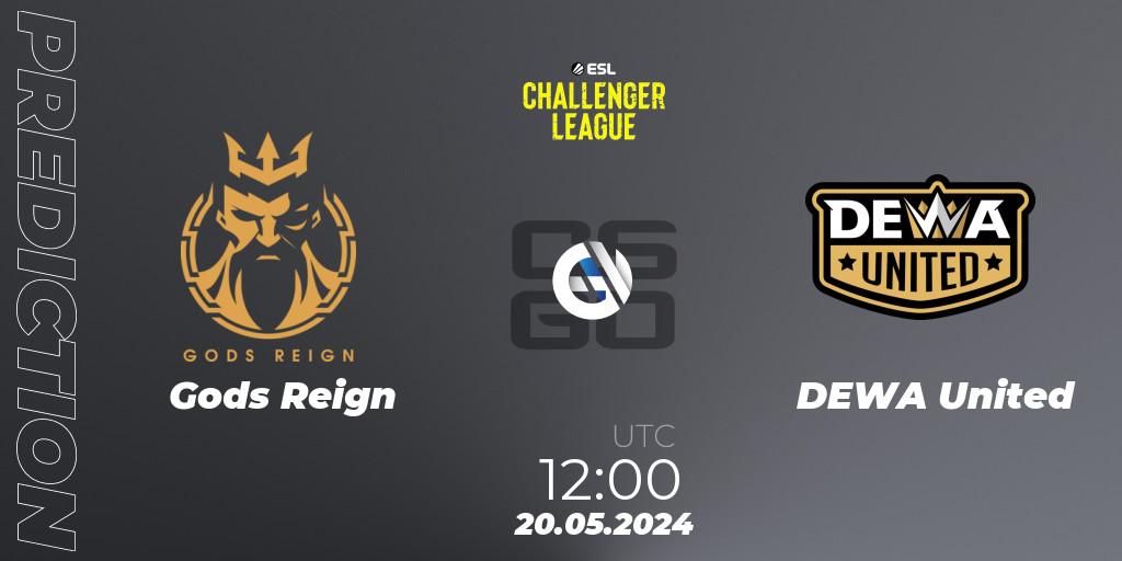 Pronósticos Gods Reign - DEWA United. 20.05.2024 at 12:00. ESL Challenger League Season 47: Asia - Counter-Strike (CS2)