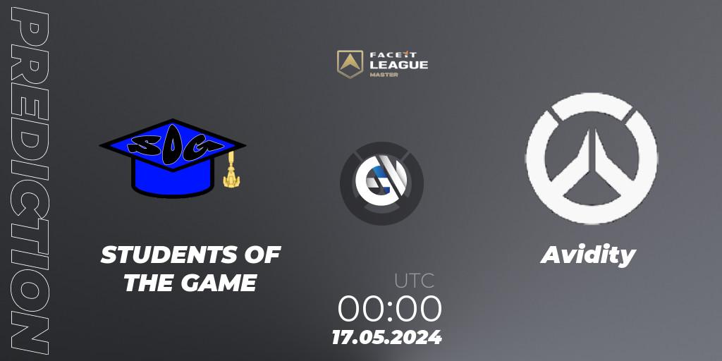Pronósticos STUDENTS OF THE GAME - Avidity. 17.05.2024 at 00:00. FACEIT League Season 1 - NA Master Road to EWC - Overwatch