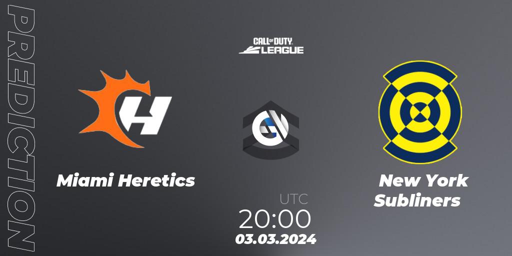 Pronósticos Miami Heretics - New York Subliners. 03.03.2024 at 20:00. Call of Duty League 2024: Stage 2 Major Qualifiers - Call of Duty