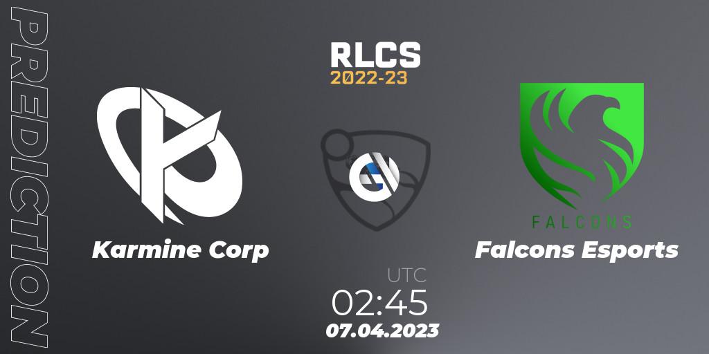 Pronósticos Karmine Corp - Falcons Esports. 07.04.2023 at 01:00. RLCS 2022-23 - Winter Split Major - Rocket League