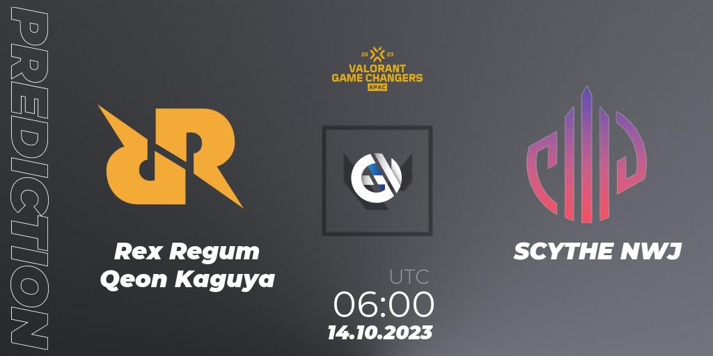 Pronósticos Rex Regum Qeon Kaguya - SCYTHE NWJ. 14.10.2023 at 06:00. VCT 2023: Game Changers APAC Elite - VALORANT