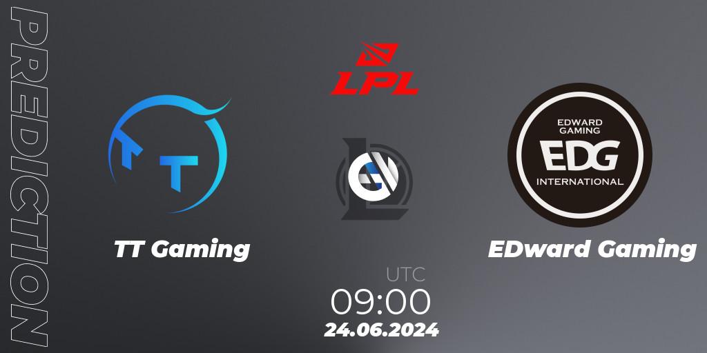 Pronósticos TT Gaming - EDward Gaming. 24.06.2024 at 09:10. LPL 2024 Summer - Group Stage - LoL