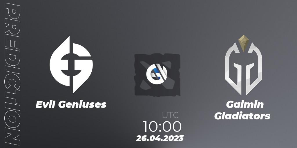 Pronósticos Evil Geniuses - Gaimin Gladiators. 26.04.2023 at 10:00. The Berlin Major 2023 ESL - Group Stage - Dota 2