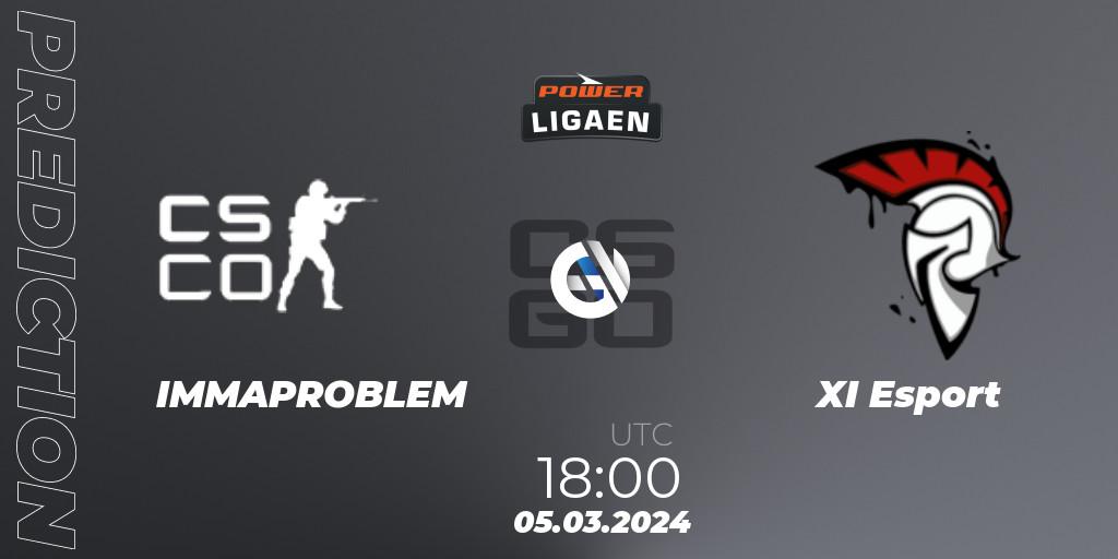 Pronósticos IMMAPROBLEM - XI Esport. 05.03.2024 at 18:00. Dust2.dk Ligaen Season 25 - Counter-Strike (CS2)