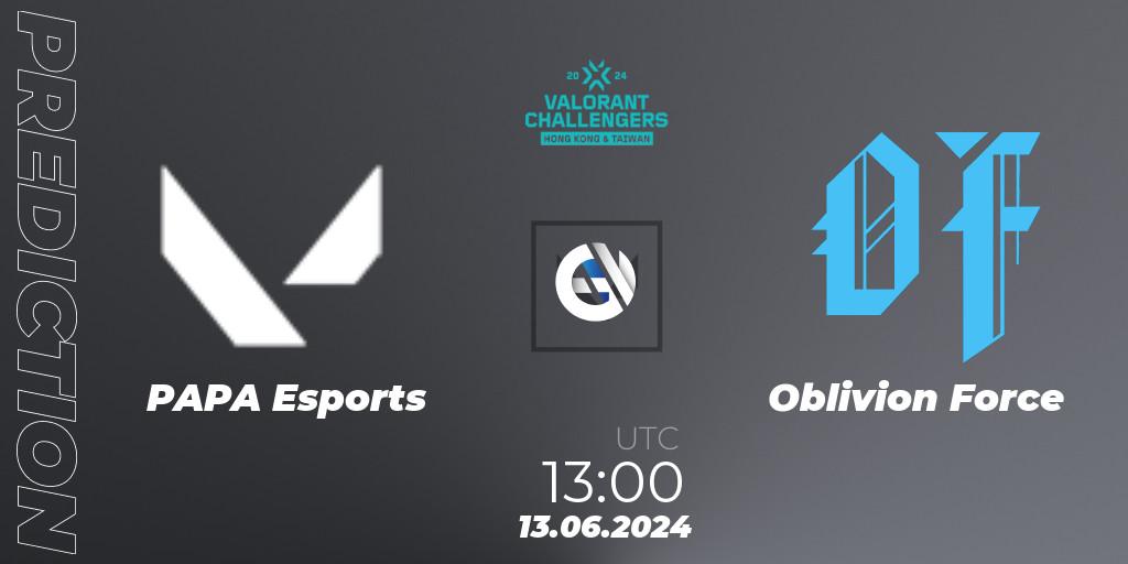 Pronósticos PAPA Esports - Oblivion Force. 13.06.2024 at 13:20. VALORANT Challengers Hong Kong and Taiwan 2024: Split 2 - VALORANT