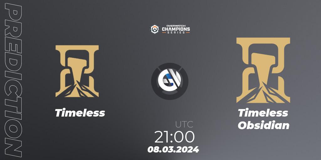 Pronósticos Timeless - Timeless Obsidian. 08.03.2024 at 21:00. Overwatch Champions Series 2024 - North America Stage 1 Group Stage - Overwatch