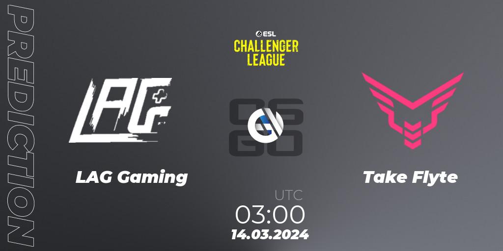 Pronósticos LAG Gaming - Take Flyte. 21.03.2024 at 01:40. ESL Challenger League Season 47: North America - Counter-Strike (CS2)