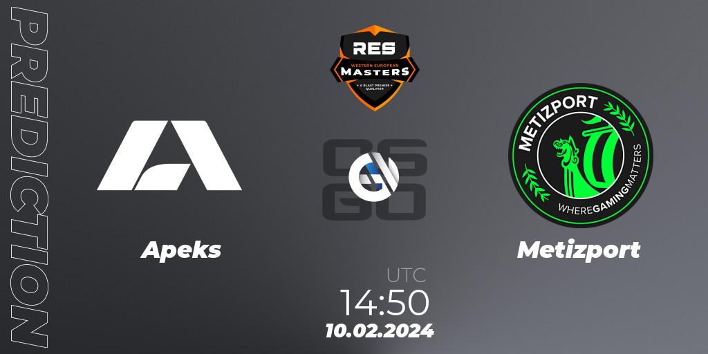 Pronósticos Apeks - Metizport. 10.02.2024 at 14:50. RES Western European Masters: Spring 2024 - Counter-Strike (CS2)