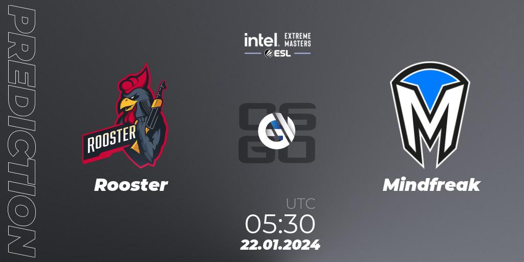 Pronósticos Rooster - Mindfreak. 22.01.2024 at 05:30. Intel Extreme Masters China 2024: Oceanic Closed Qualifier - Counter-Strike (CS2)