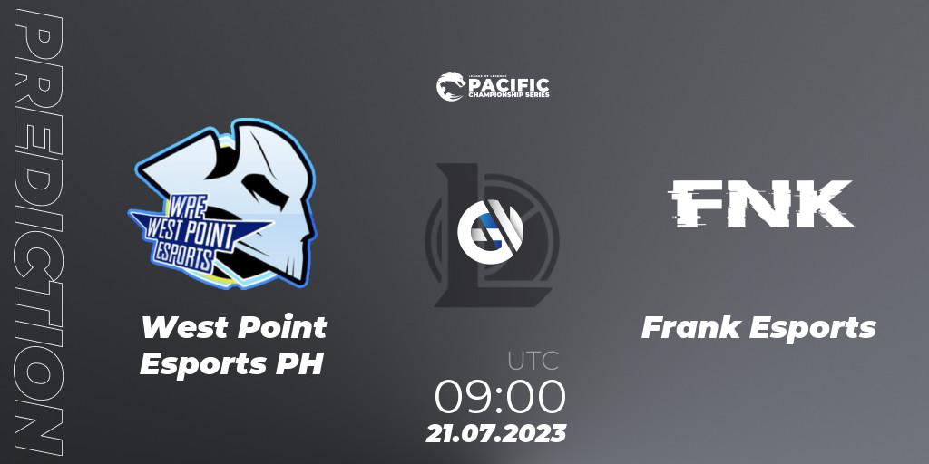 Pronósticos West Point Esports PH - Frank Esports. 21.07.2023 at 09:00. PACIFIC Championship series Group Stage - LoL