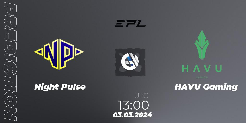 Pronósticos Night Pulse - HAVU Gaming. 03.03.2024 at 13:00. European Pro League Season 17: Division 2 - Dota 2