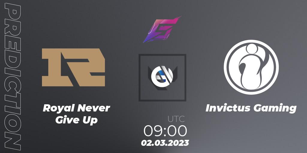 Pronósticos Royal Never Give Up - Invictus Gaming. 02.03.2023 at 09:00. FGC Valorant Invitational 2023: Act 1 - Open Qualifier - VALORANT