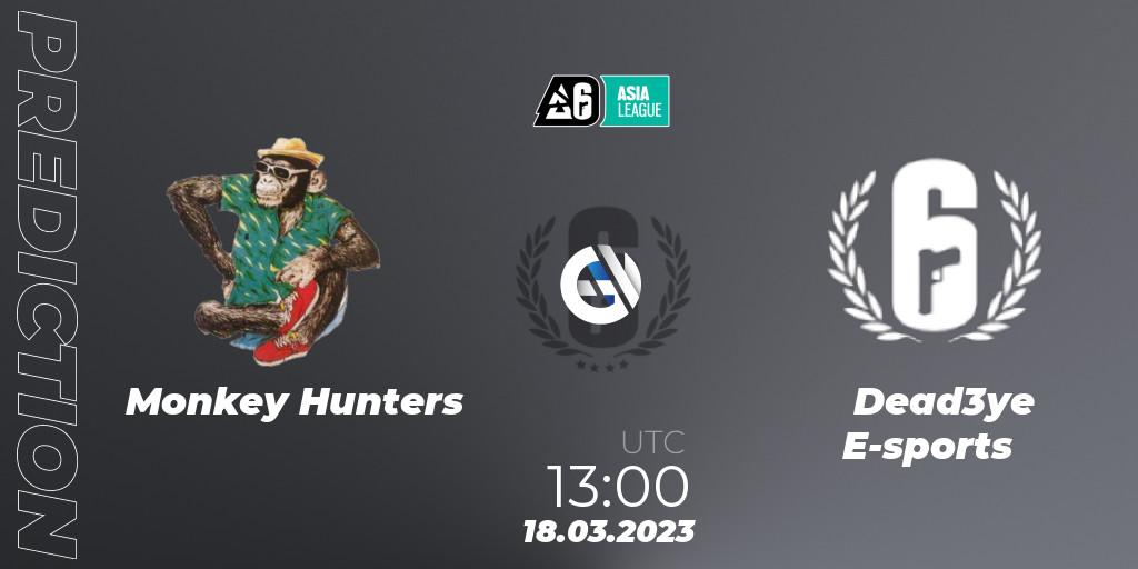 Pronósticos Monkey Hunters - Dead3ye E-sports. 18.03.2023 at 13:00. South Asia League 2023 - Stage 1 - Rainbow Six