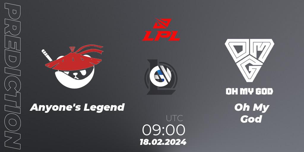 Pronósticos Anyone's Legend - Oh My God. 18.02.2024 at 09:00. LPL Spring 2024 - Group Stage - LoL