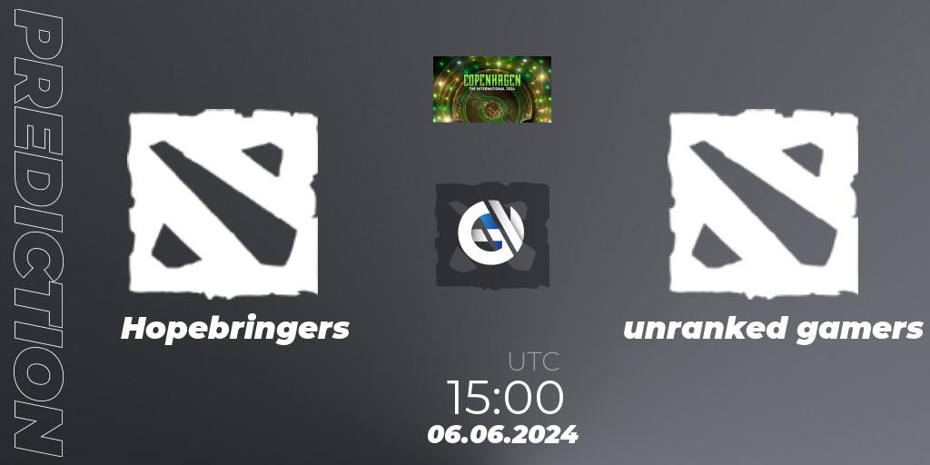 Pronósticos Hopebringers - unranked gamers. 06.06.2024 at 15:00. The International 2024: Western Europe Open Qualifier #1 - Dota 2