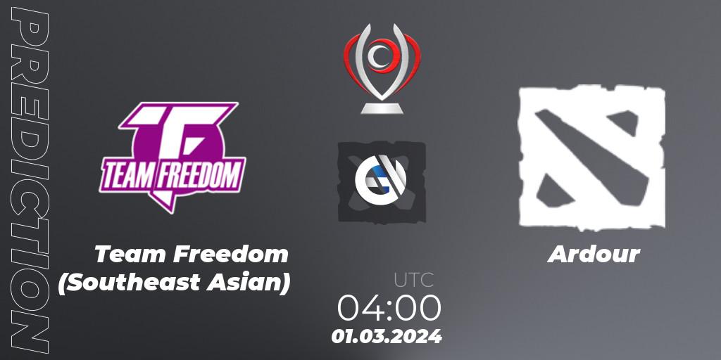 Pronósticos Team Freedom (Southeast Asian) - Ardour. 01.03.2024 at 04:00. Opus League - Dota 2