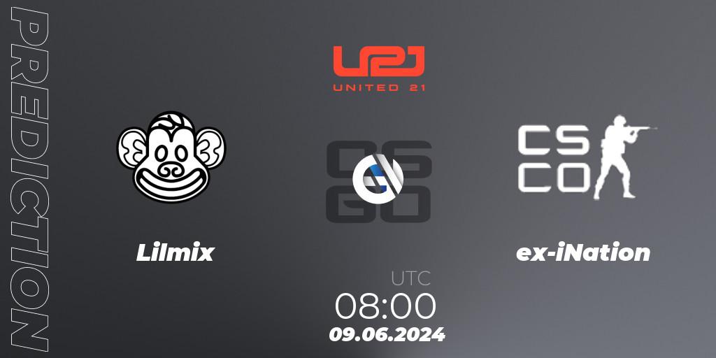Pronósticos Lilmix - ex-iNation. 09.06.2024 at 08:00. United21 Season 16 - Counter-Strike (CS2)