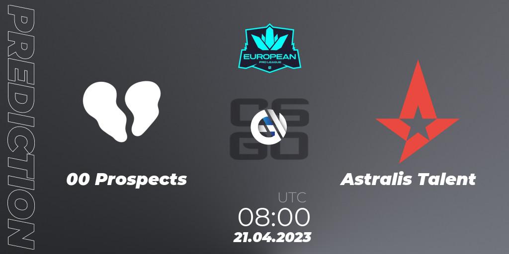 Pronósticos 00 Prospects - Astralis Talent. 21.04.2023 at 08:00. European Pro League Season 7 - Counter-Strike (CS2)