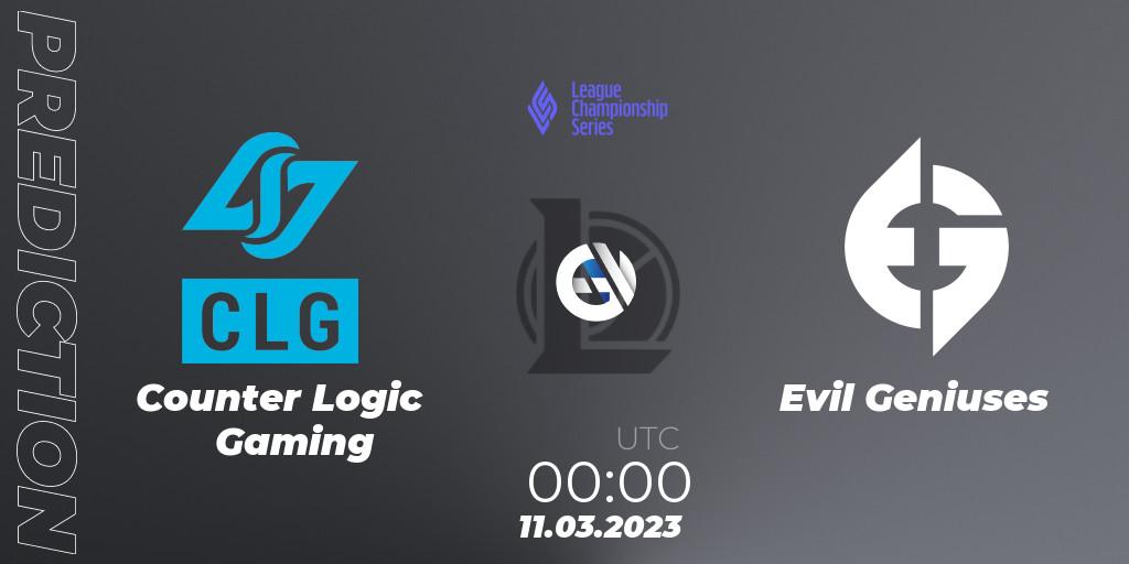 Pronósticos Counter Logic Gaming - Evil Geniuses. 11.03.23. LCS Spring 2023 - Group Stage - LoL