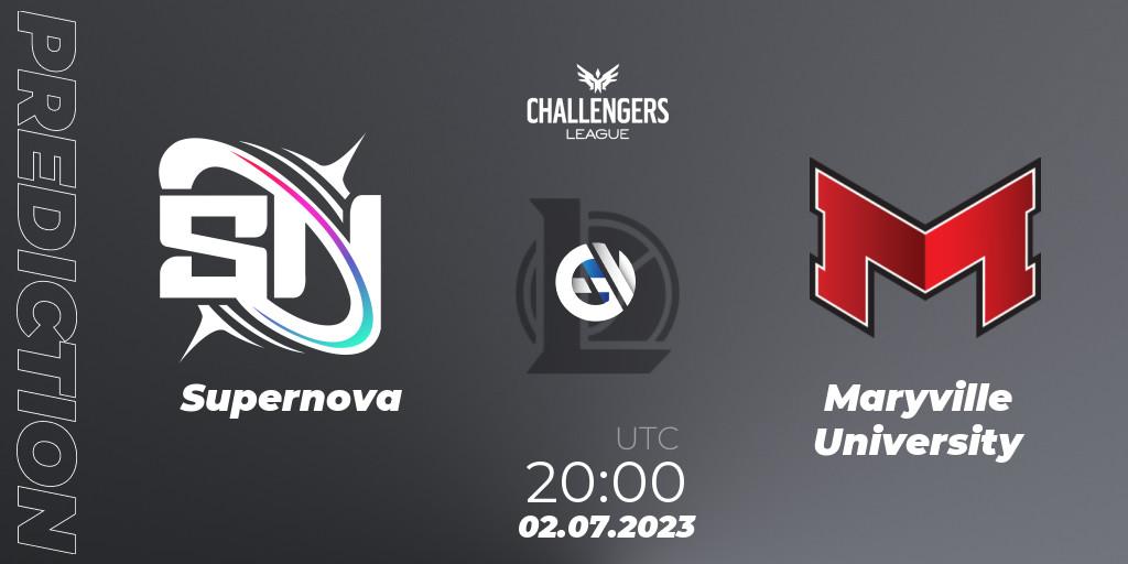 Pronósticos Supernova - Maryville University. 18.06.2023 at 00:00. North American Challengers League 2023 Summer - Group Stage - LoL