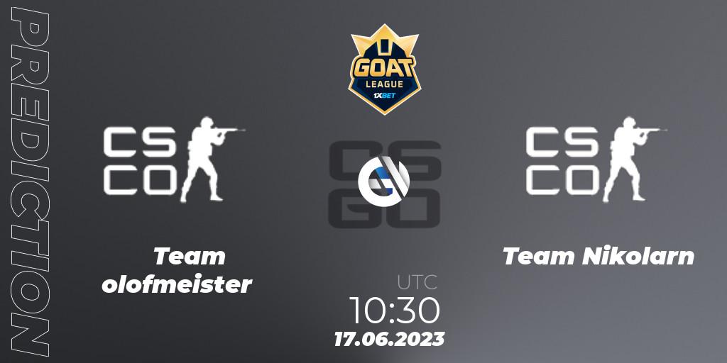 Pronósticos Team olofmeister - Team Nikolarn. 17.06.2023 at 10:30. 1xBet GOAT League 2023 Summer VACation - Counter-Strike (CS2)