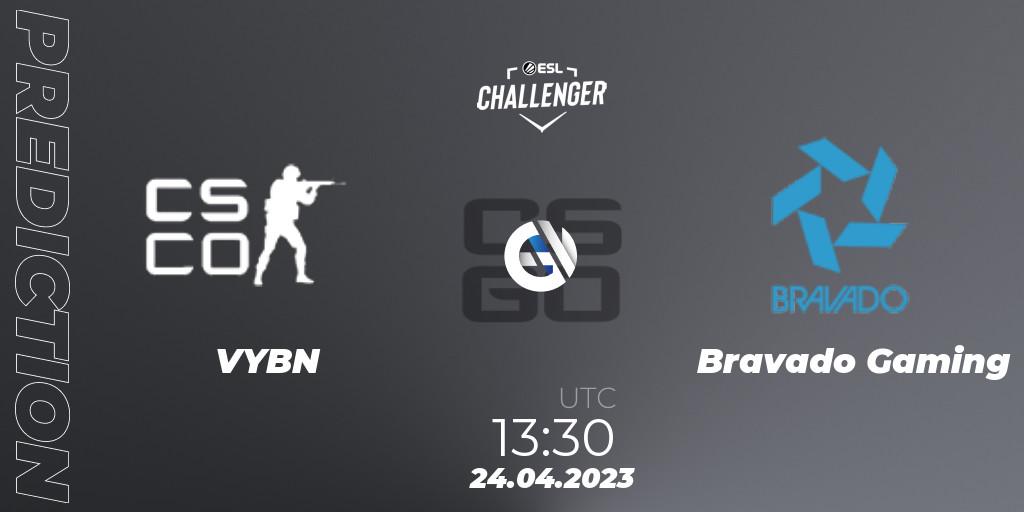 Pronósticos VYBN - Bravado Gaming. 24.04.2023 at 13:30. ESL Challenger Katowice 2023: South African Qualifier - Counter-Strike (CS2)