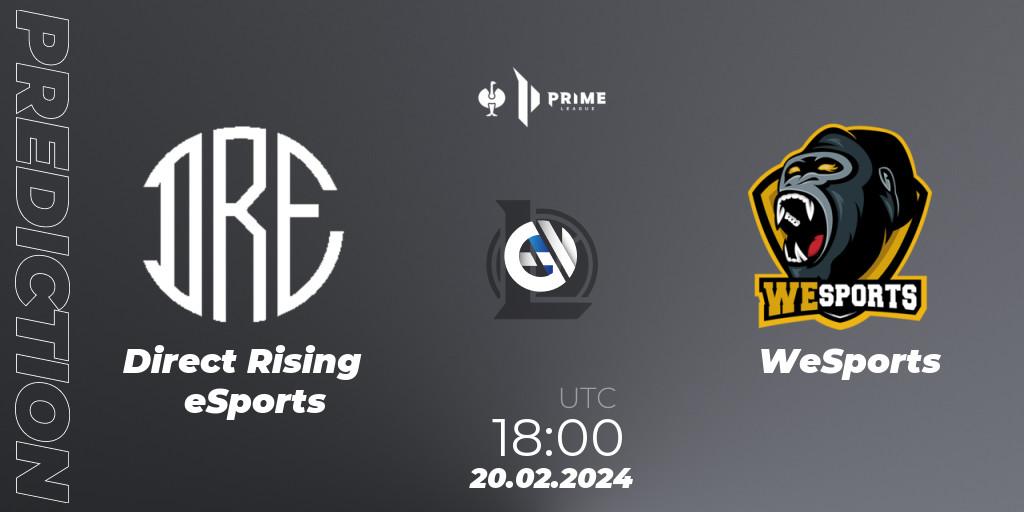 Pronósticos Direct Rising eSports - WeSports. 20.02.2024 at 18:00. Prime League 2nd Division - LoL