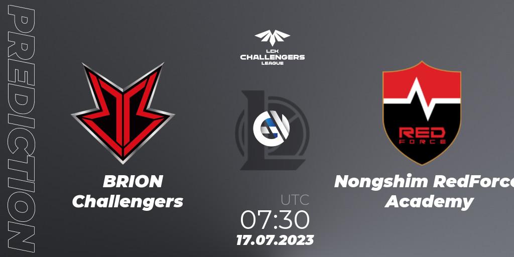 Pronósticos BRION Challengers - Nongshim RedForce Academy. 17.07.2023 at 08:00. LCK Challengers League 2023 Summer - Group Stage - LoL