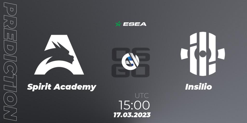 Pronósticos Spirit Academy - Insilio. 17.03.2023 at 15:00. ESEA Season 44: Advanced Division - Europe - Counter-Strike (CS2)