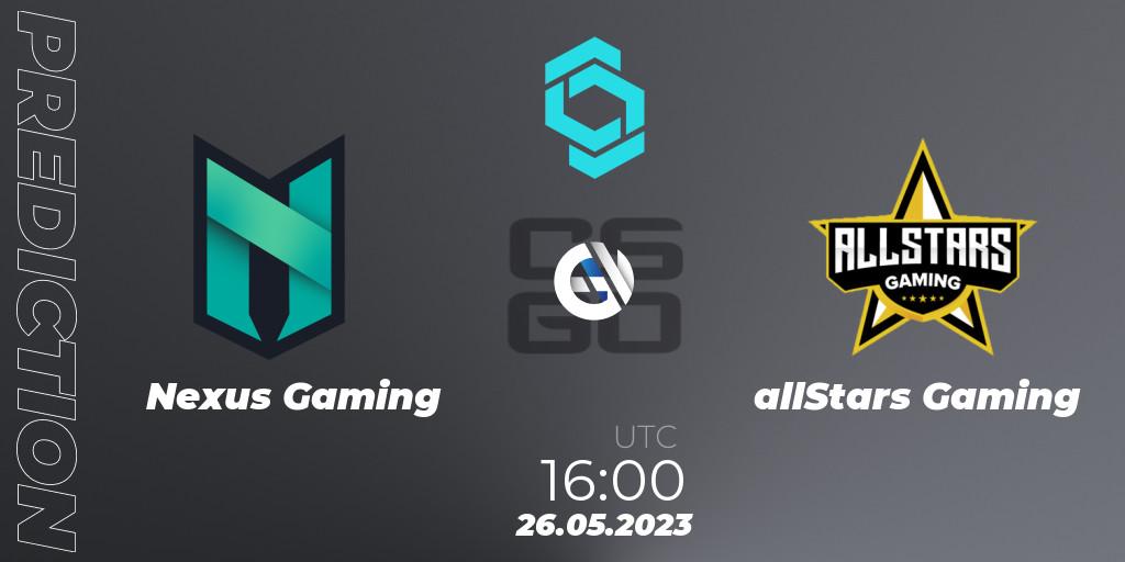 Pronósticos Nexus Gaming - allStars Gaming. 26.05.2023 at 16:00. CCT North Europe Series 5 Closed Qualifier - Counter-Strike (CS2)