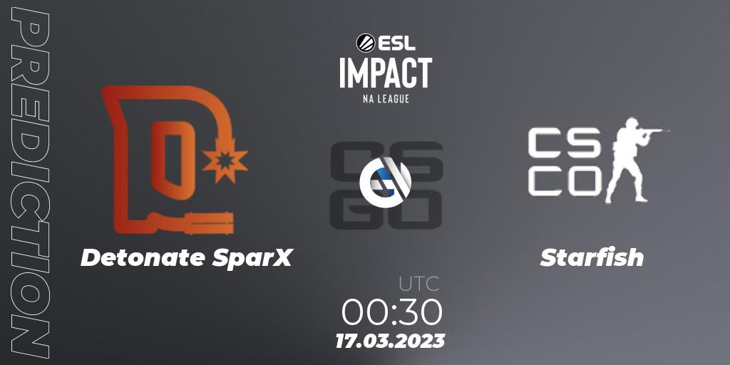 Pronósticos Detonate SparX - Starfish. 17.03.2023 at 00:30. ESL Impact League Season 3: North American Division - Counter-Strike (CS2)
