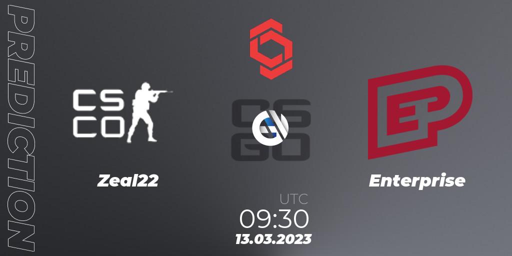 Pronósticos Zeal22 - Enterprise. 13.03.2023 at 09:30. CCT Central Europe Series 5 Closed Qualifier - Counter-Strike (CS2)