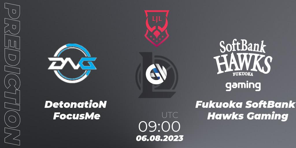 Pronósticos DetonatioN FocusMe - Fukuoka SoftBank Hawks Gaming. 06.08.2023 at 09:00. LJL Summer 2023 - LoL