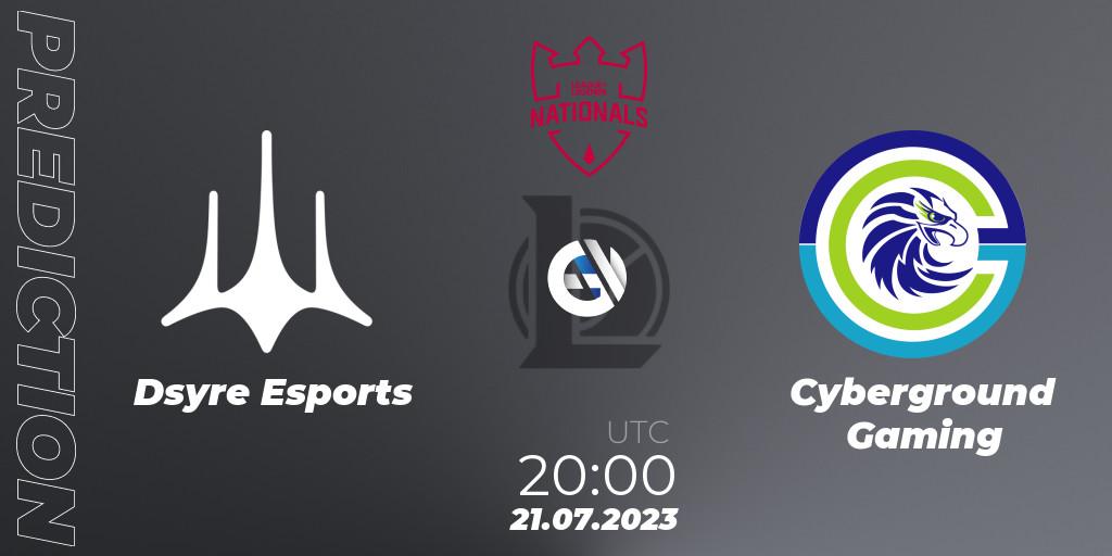 Pronósticos Dsyre Esports - Cyberground Gaming. 21.07.2023 at 20:00. PG Nationals Summer 2023 - LoL