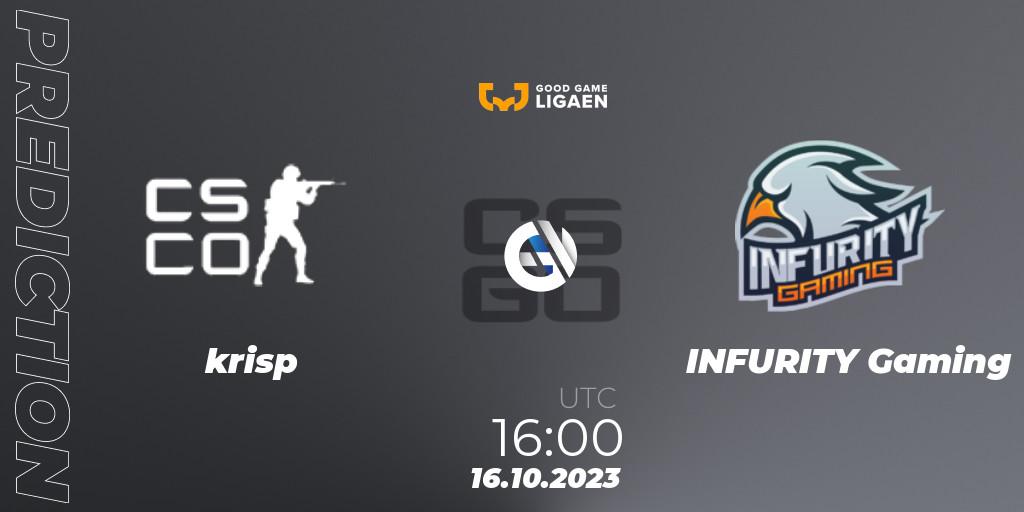 Pronósticos krisp - INFURITY Gaming. 23.10.2023 at 16:00. Good Game-ligaen Fall 2023: Regular Season - Counter-Strike (CS2)