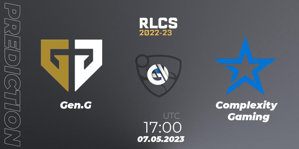 Pronósticos Gen.G - Complexity Gaming. 07.05.2023 at 20:00. RLCS 2022-23 - Spring: North America Regional 1 - Spring Open - Playoffs - Rocket League