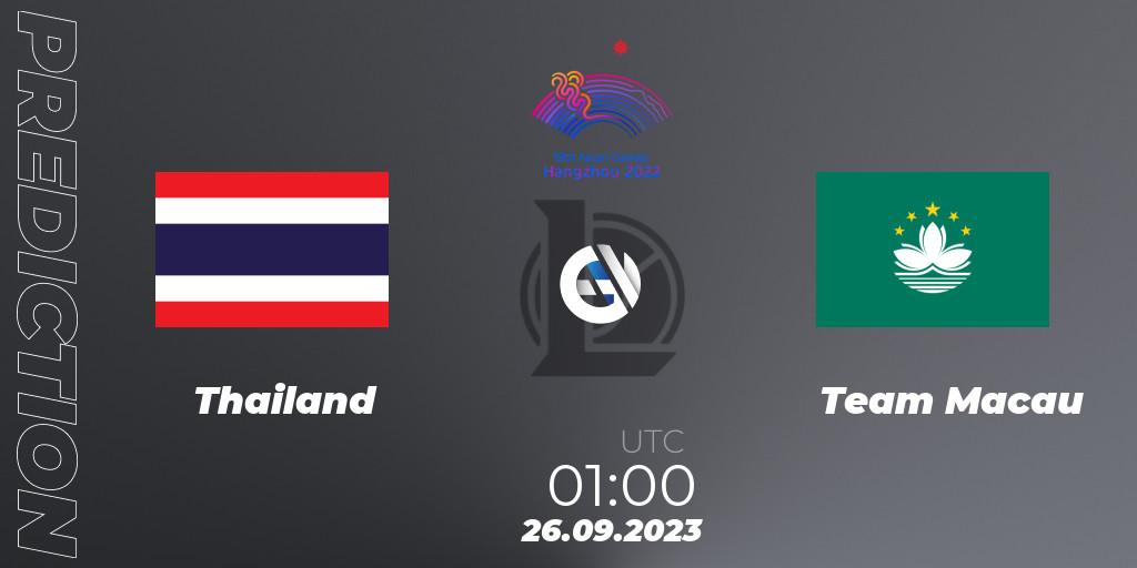 Pronósticos Thailand - Team Macau. 26.09.2023 at 01:00. 2022 Asian Games - LoL
