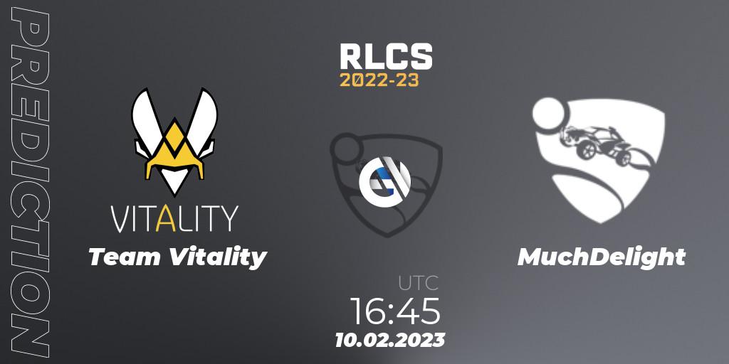 Pronósticos Team Vitality - MuchDelight. 10.02.2023 at 16:45. RLCS 2022-23 - Winter: Europe Regional 2 - Winter Cup - Rocket League