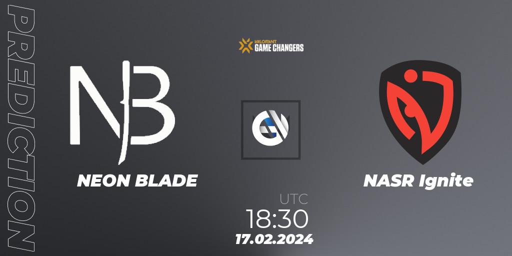 Pronósticos NEON BLADE - NASR Ignite. 17.02.2024 at 18:05. VCT 2024: Game Changers EMEA Stage 1 - VALORANT