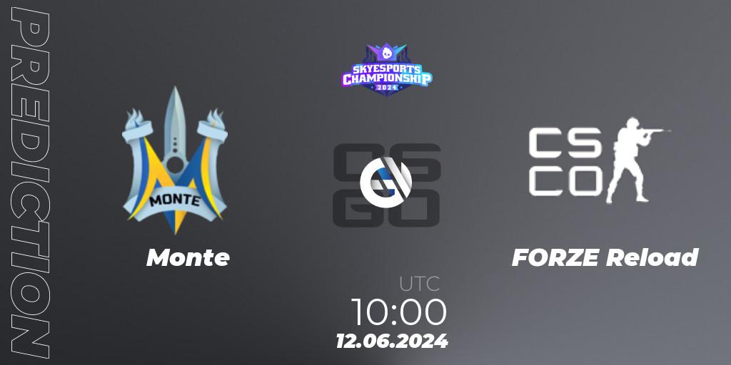 Pronósticos Monte - FORZE Reload. 12.06.2024 at 10:00. Skyesports Championship 2024: European Qualifier - Counter-Strike (CS2)