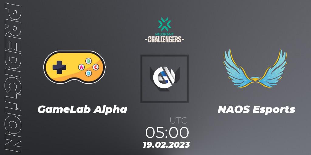 Pronósticos GameLab Alpha - NAOS Esports. 19.02.2023 at 05:00. VALORANT Challengers 2023: Philippines Split 1 - VALORANT